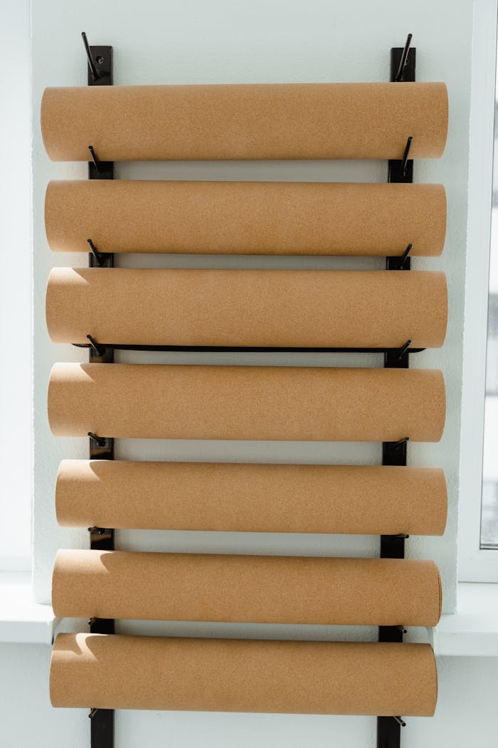 A neatly organized vertical stack of foam rollers mounted on a wall, ideal for fitness enthusiasts.